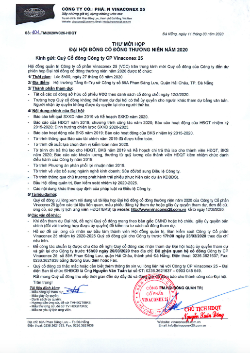 THÔNG BÁO MỜI HỌP ĐHĐCĐ THƯỜNG NIÊN 2020