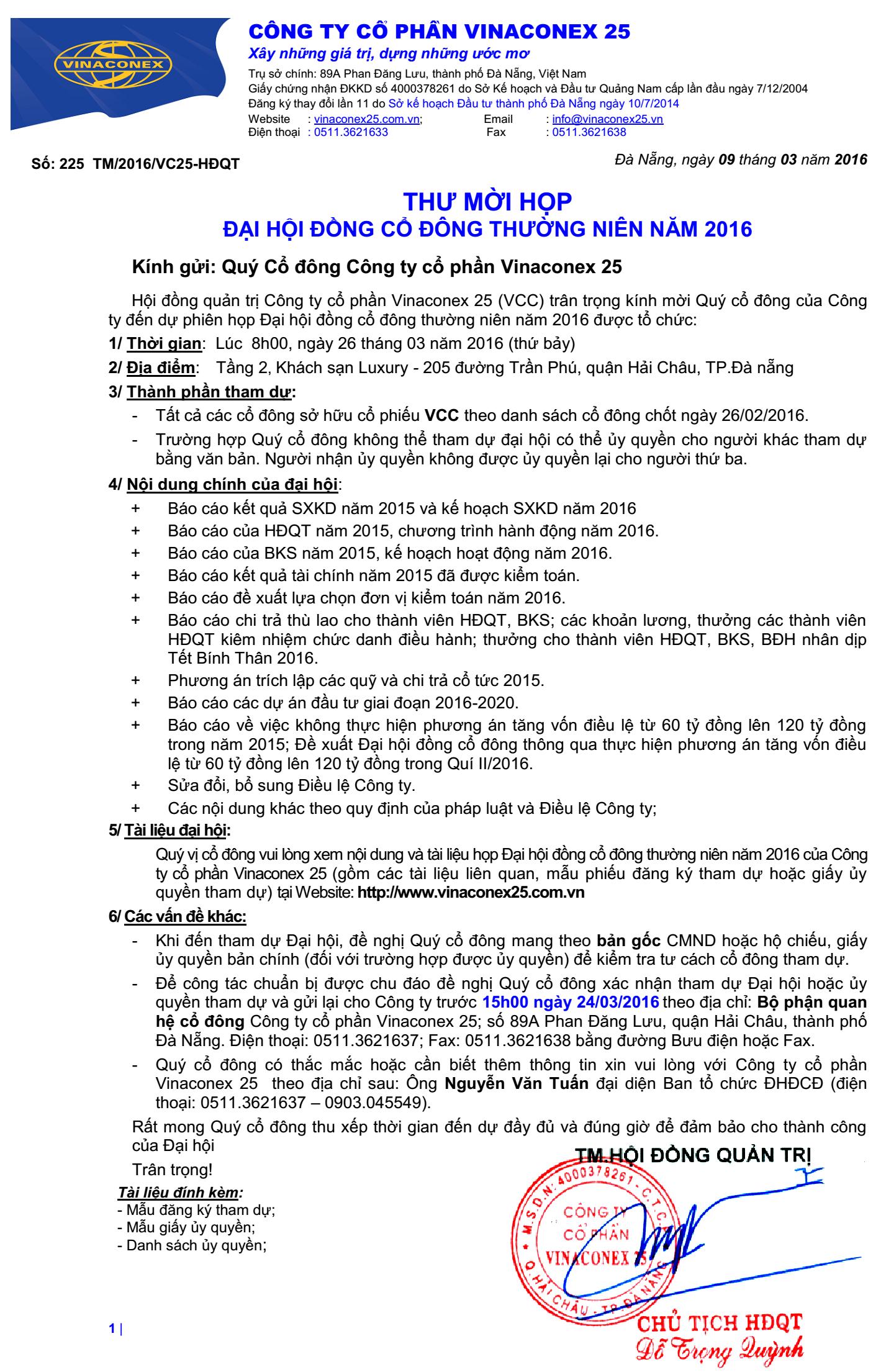 THƯ MỜI THAM DỰ ĐẠI HỘI ĐỒNG CỔ ĐÔNG THƯỜNG NIÊN 2016