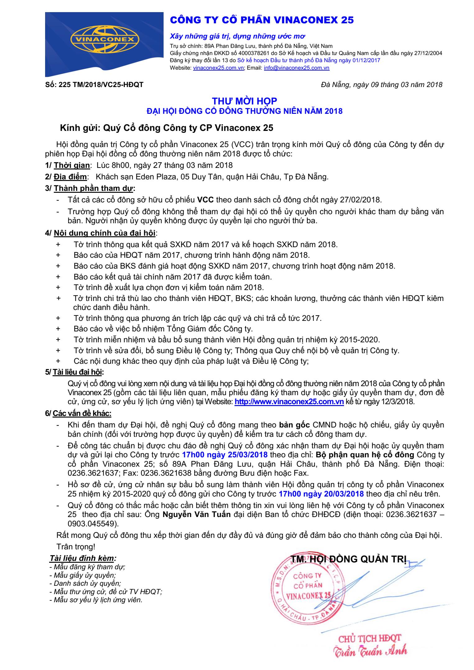 Thư mời Đại hội đồng cổ đông thường niên 2018