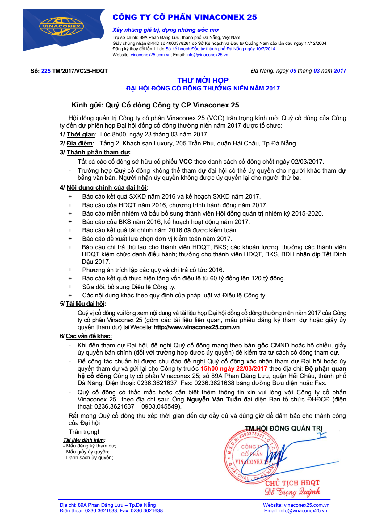 THƯ MỜI ĐẠI HỘI ĐỒNG CỔ ĐÔNG THƯỜNG NIÊN 2017