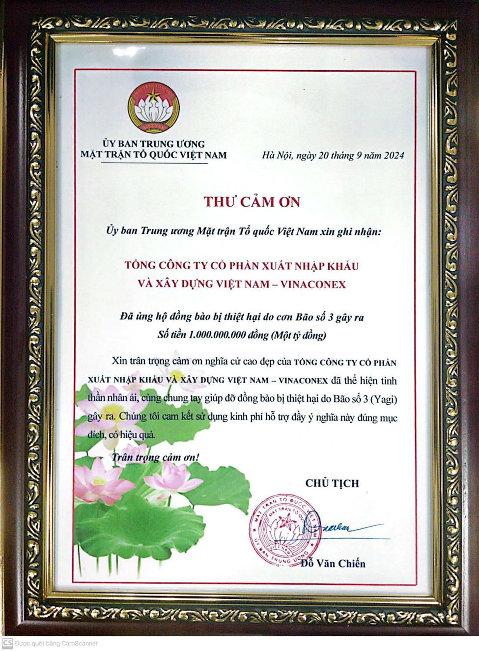 VINACONEX ủng hộ 1 tỷ đồng hỗ trợ đồng bào bị ảnh hưởng bởi cơn bão số 3